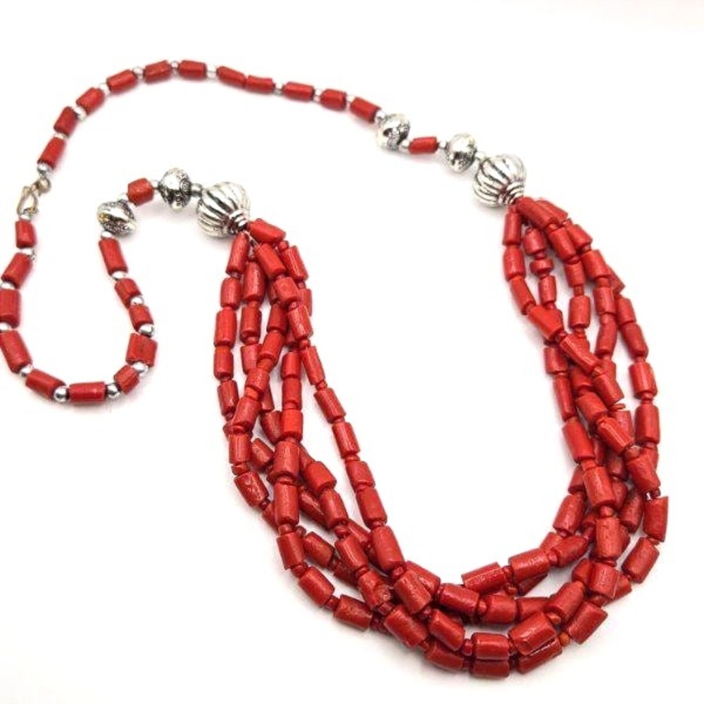 Vintage Faux Coral Glass Beaded Necklace – Multi Strand with‎ Silver Accents 24"